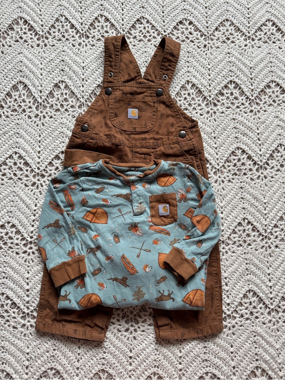 Carhartt Baby 18 Month Brown Overalls And Pajama Camping Brown Blue Set Bundle